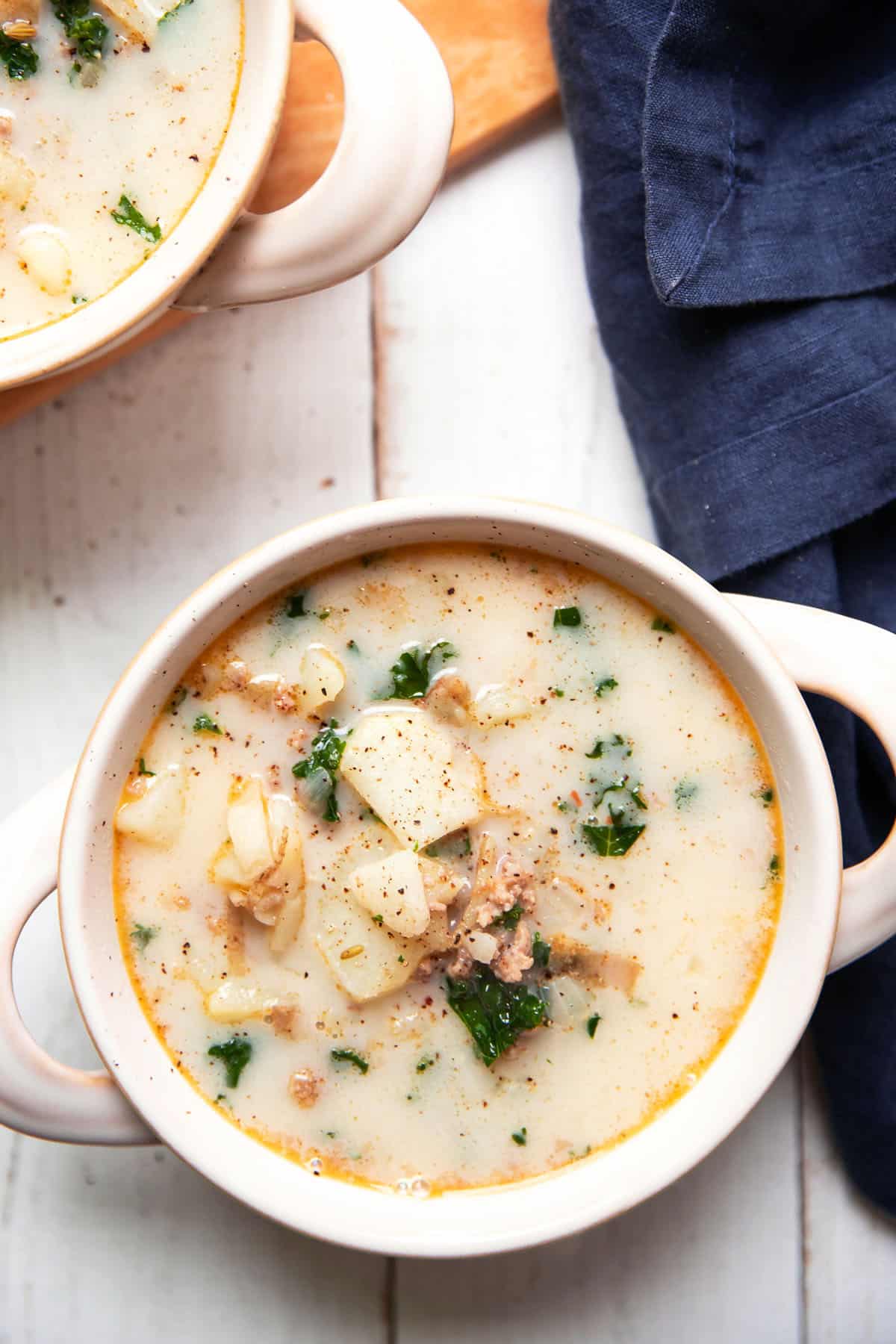 zuppa toscana potato kale soup in a soup bowl