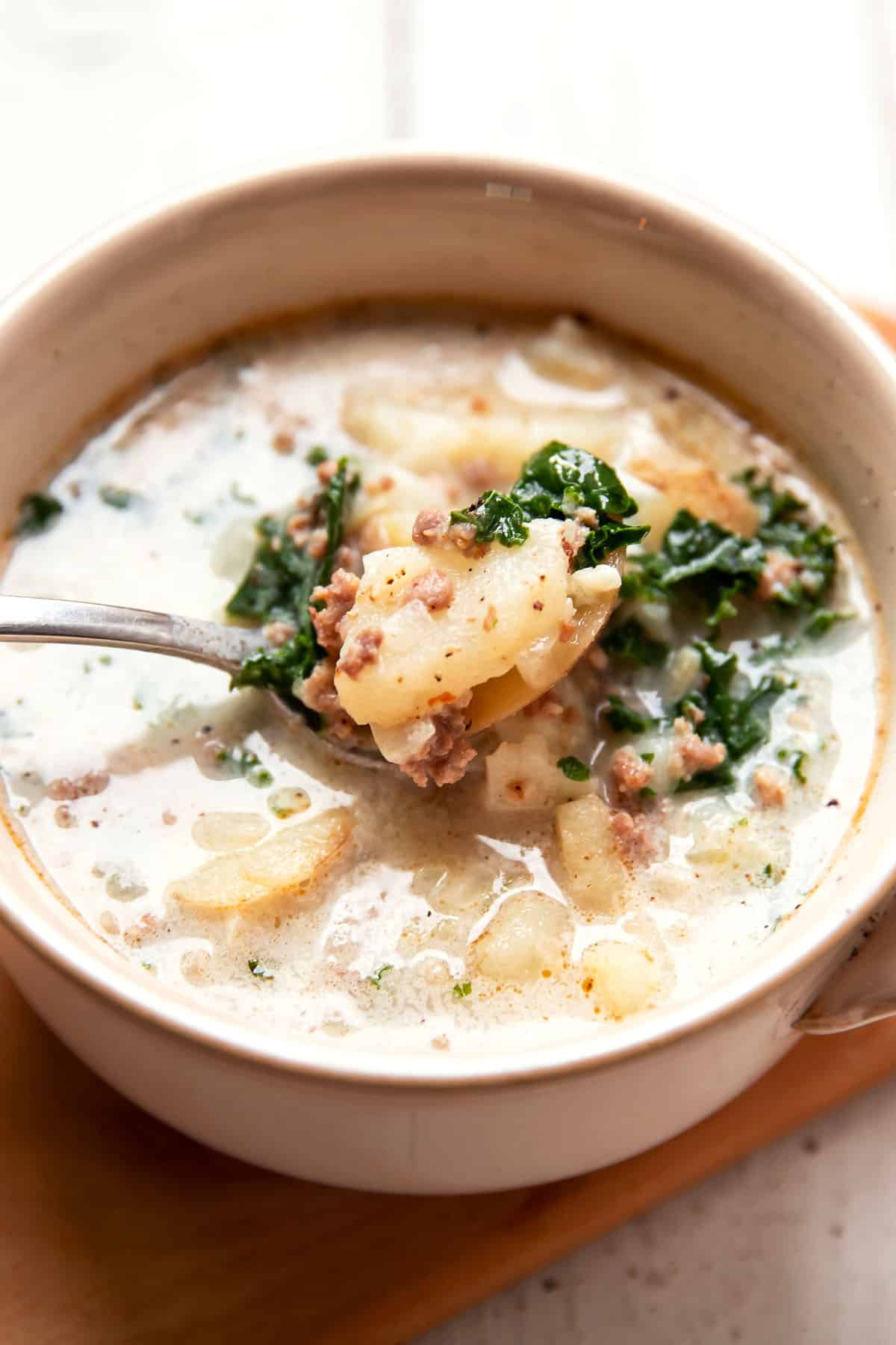 zuppa toscana potato kale soup in a soup bowl