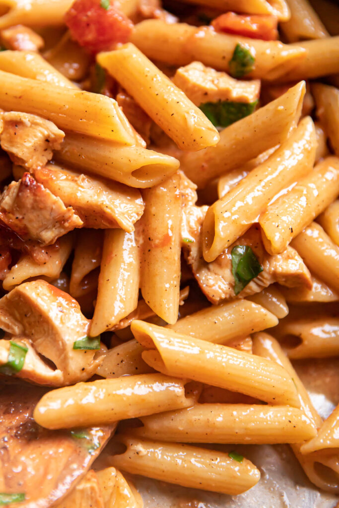 Close up image of lemon basil chicken pasta.