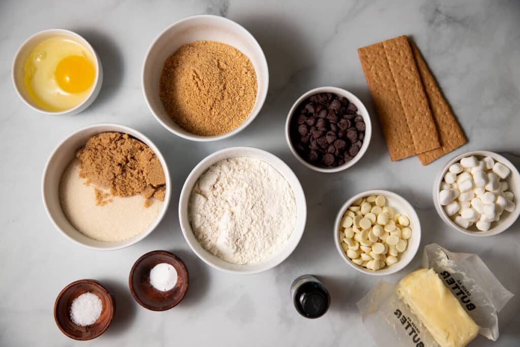 ingredients laid out to make s'mores cookie bars