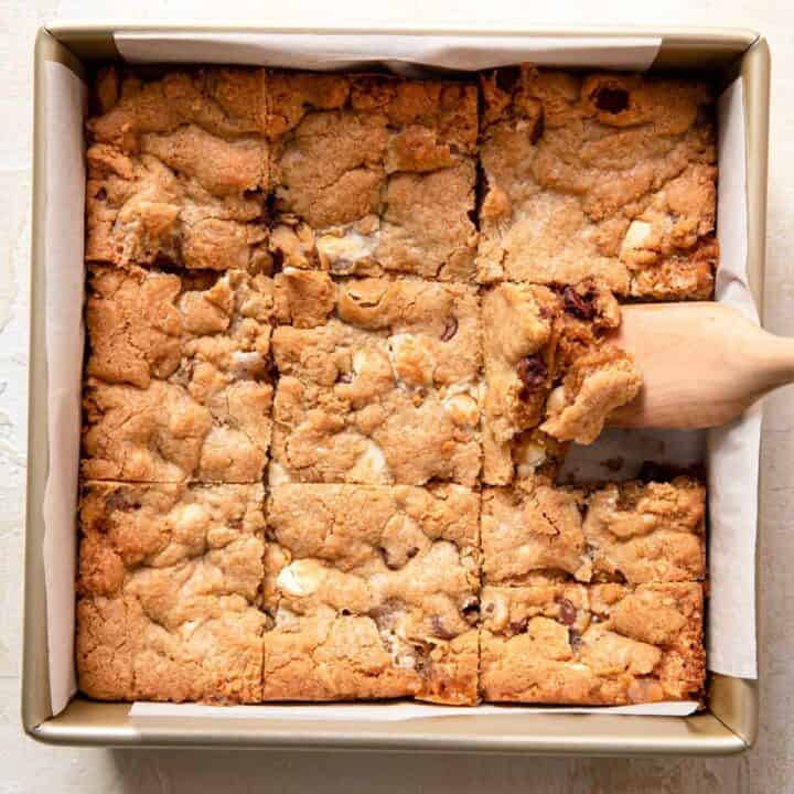 smores cookie bars in a pan.