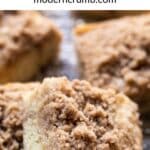 coffee cake bars cut into squares with a text overlay for pinterest