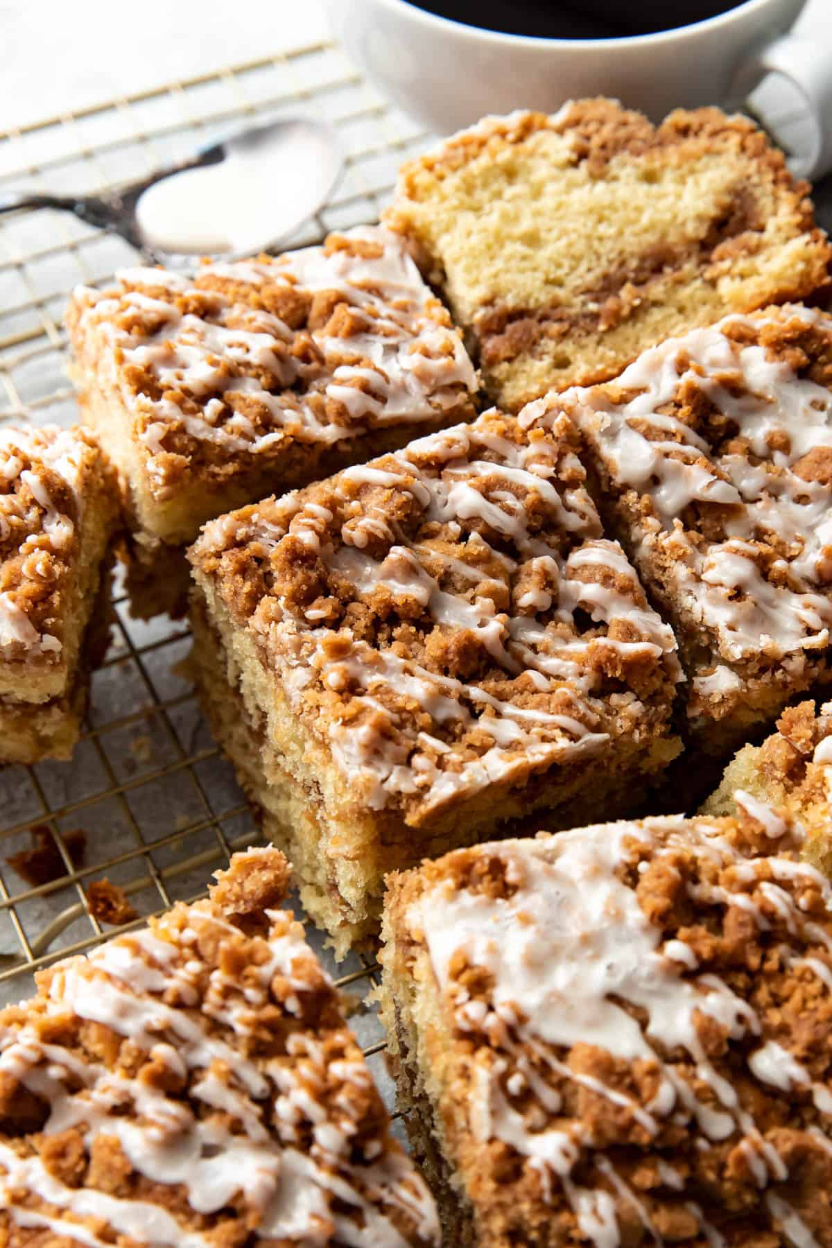 coffee cake bars on a cooling rack.