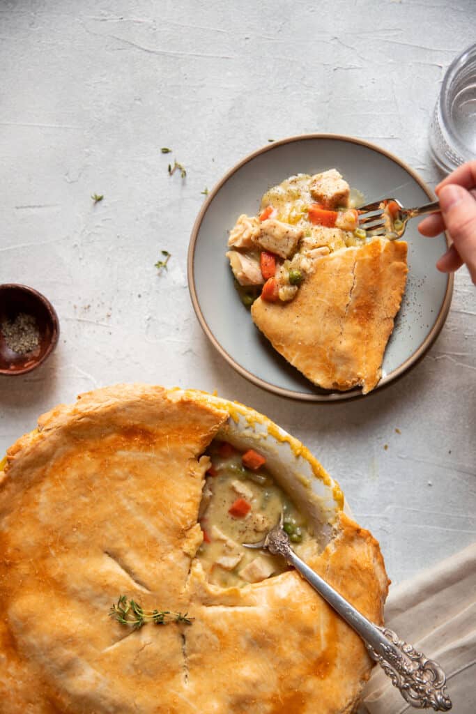 chicken pot pie in the dish and on a plate
