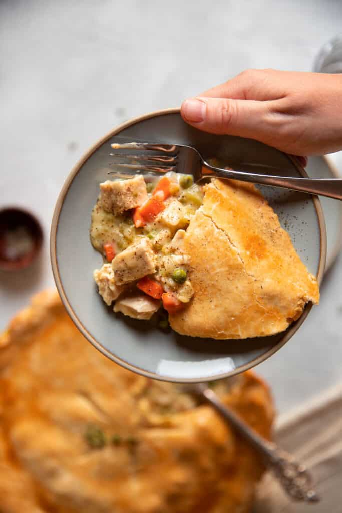 chicken pot pie in the dish and on a plate