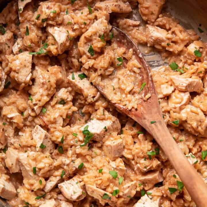 chicken and risotto in a saute pan