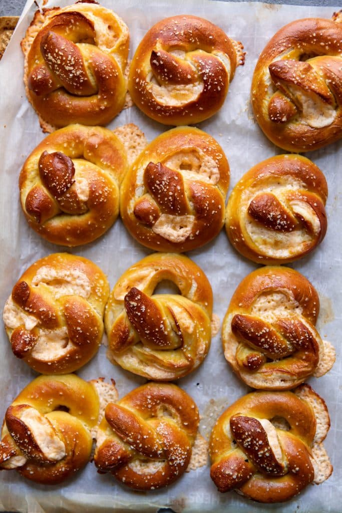 pretzels on a baking sheet after baking