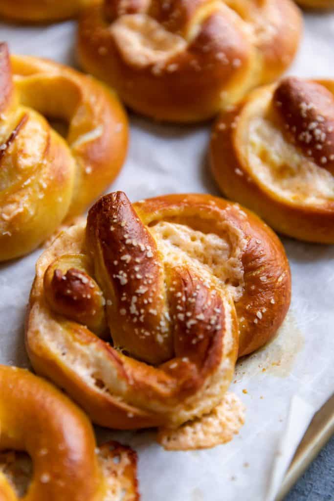 pretzels on a baking sheet after baking