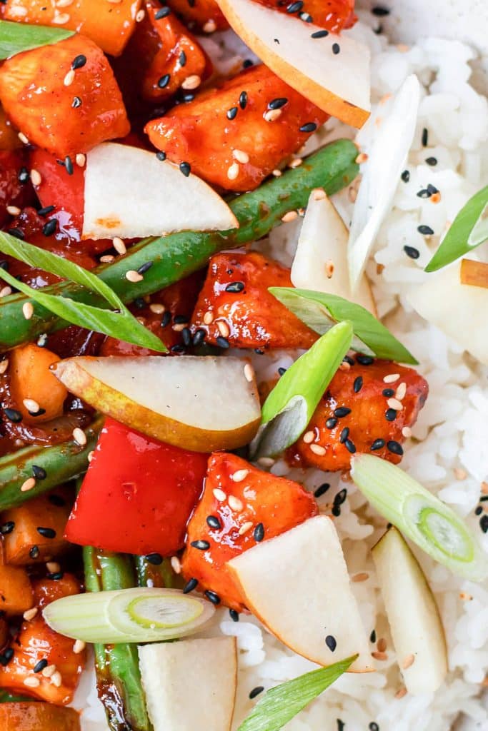 spicy korean chicken and rice in a bowl