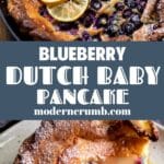 puffy blueberry dutch baby pancake with lemon curd on top and two lemon slices in a cast iron skillet