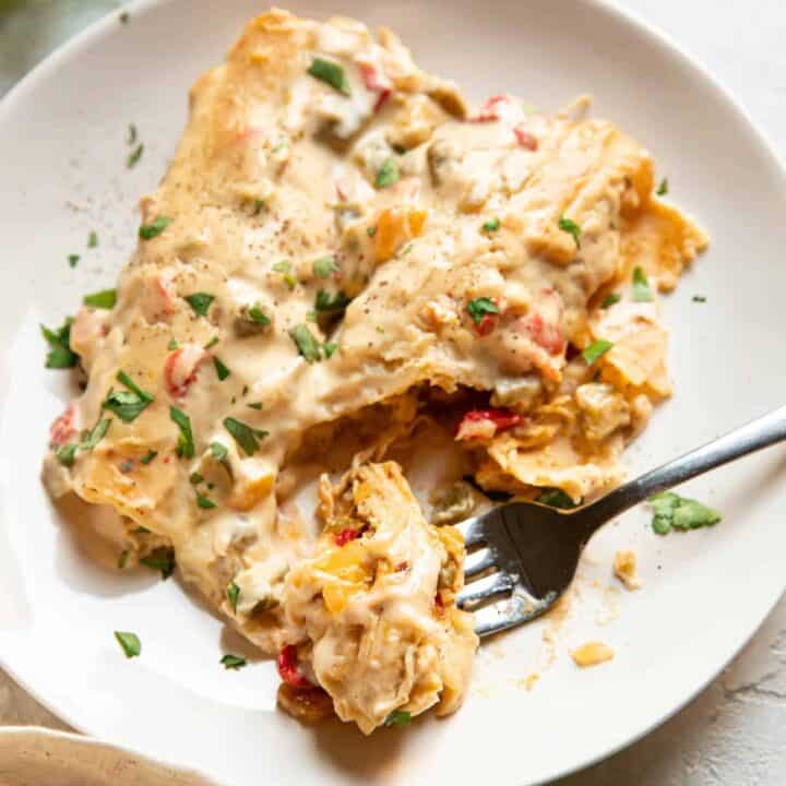 Enchiladas on a plate with a fork.