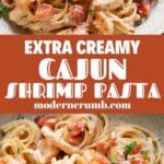 bowls of creamy cajun shrimp pasta with parsley sprinkled on top