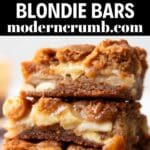 caramel apple blondie bars with white chocolate chips inside