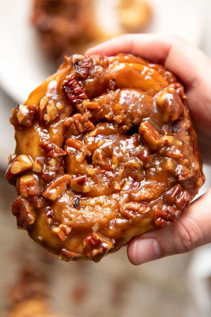 close up of a pecan sticky bun