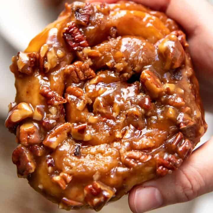 close up of a pecan sticky bun