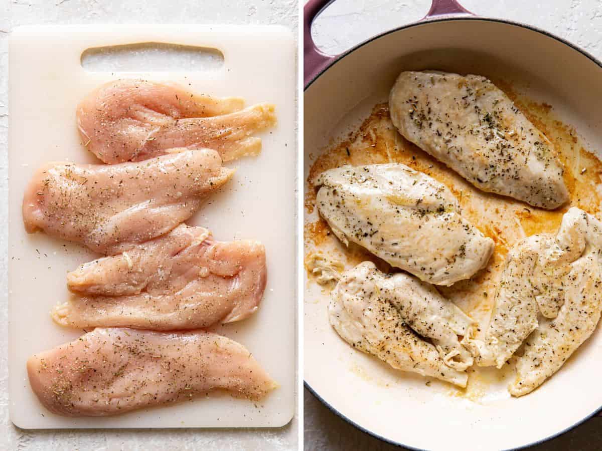 side by side chicken before and after cooking.