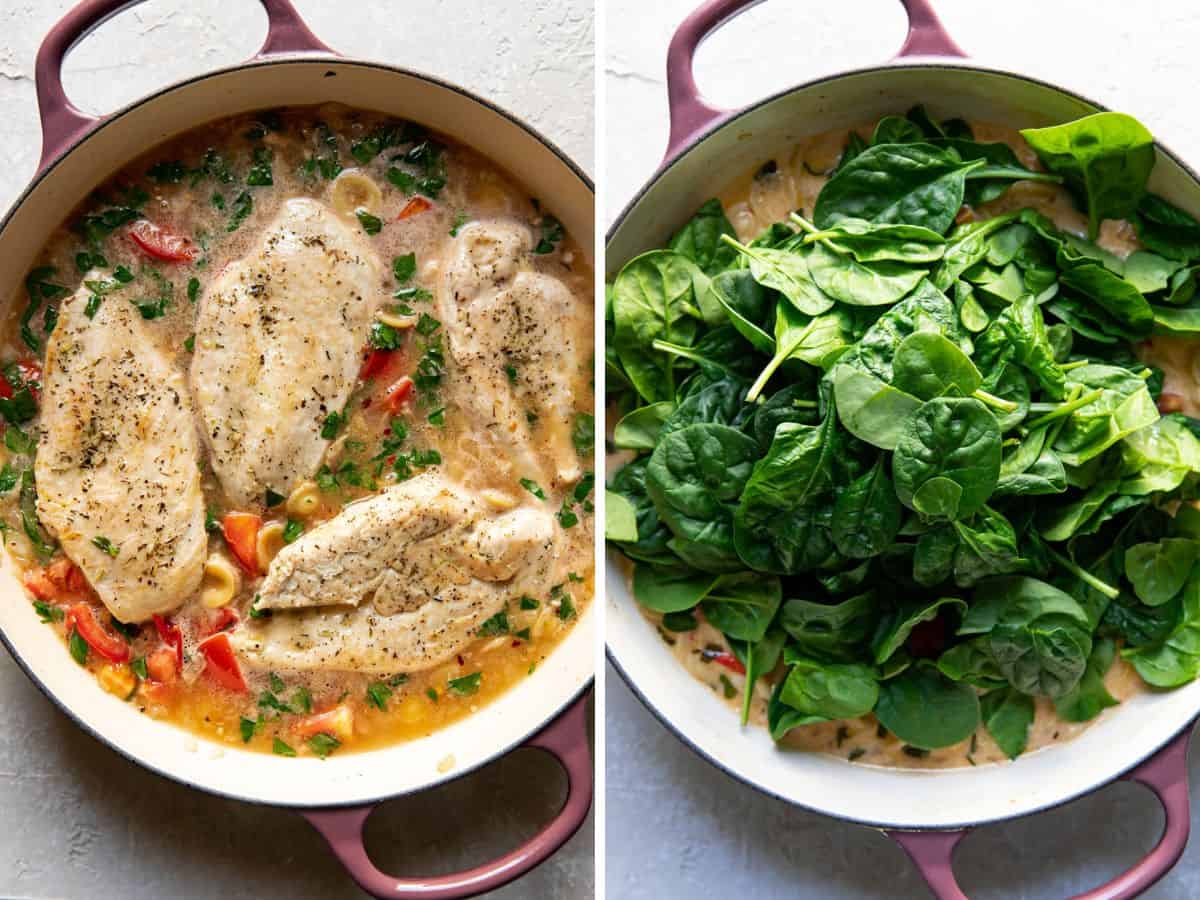 chicken florentine pasta, two image collage.
