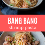 spicy bang bang shrimp pasta and green onions in a bowl