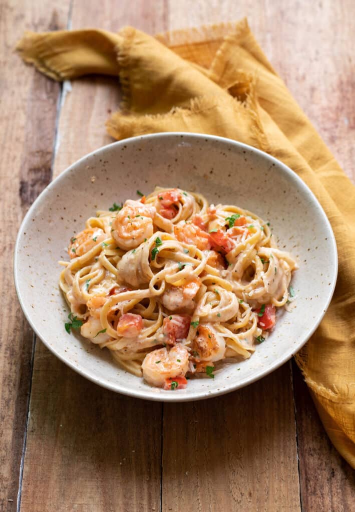 bowl of shrimp cajun linguine pasta
