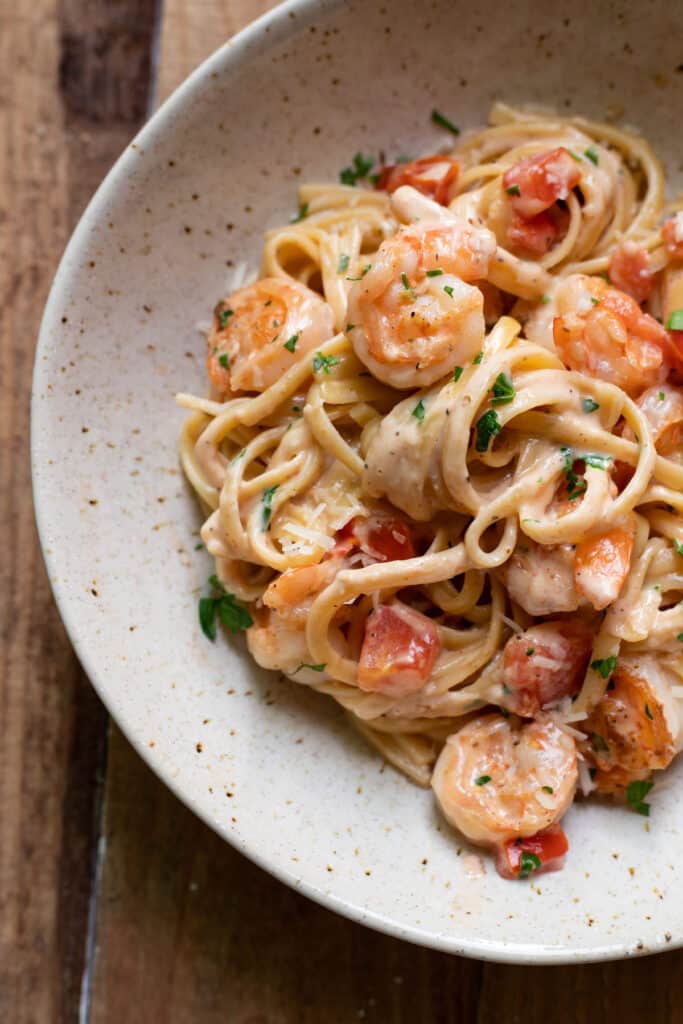 bowl of shrimp cajun linguine pasta