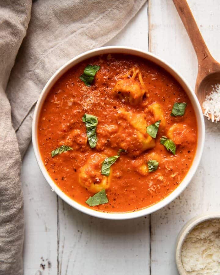 creamy tomato red pepper soup with tortellinis and fresh basil