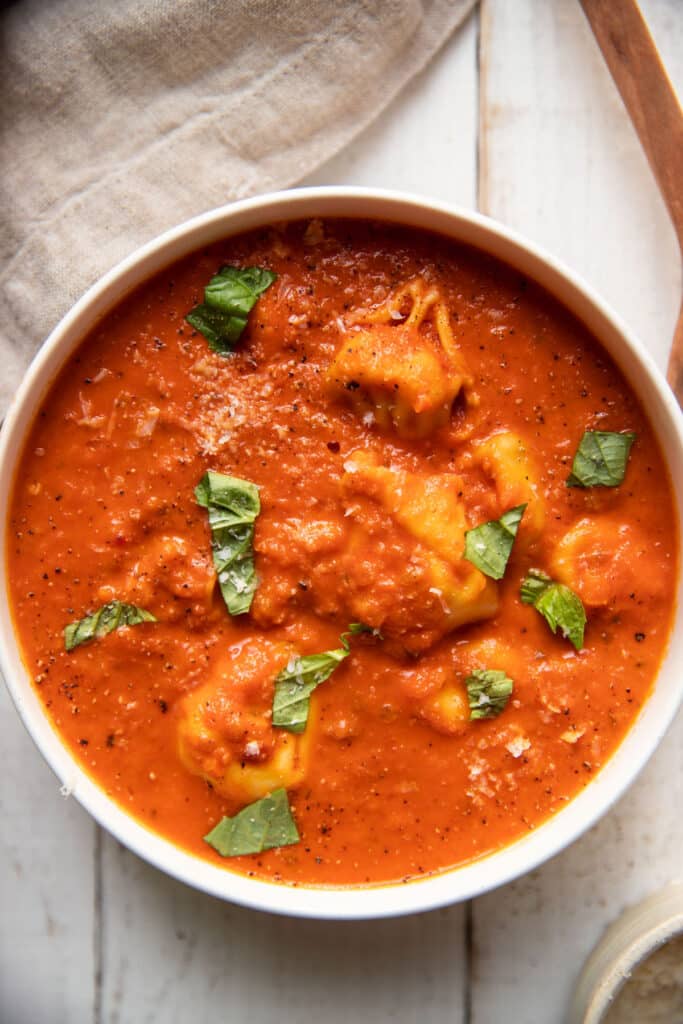 creamy tomato red pepper soup with tortellinis and fresh basil