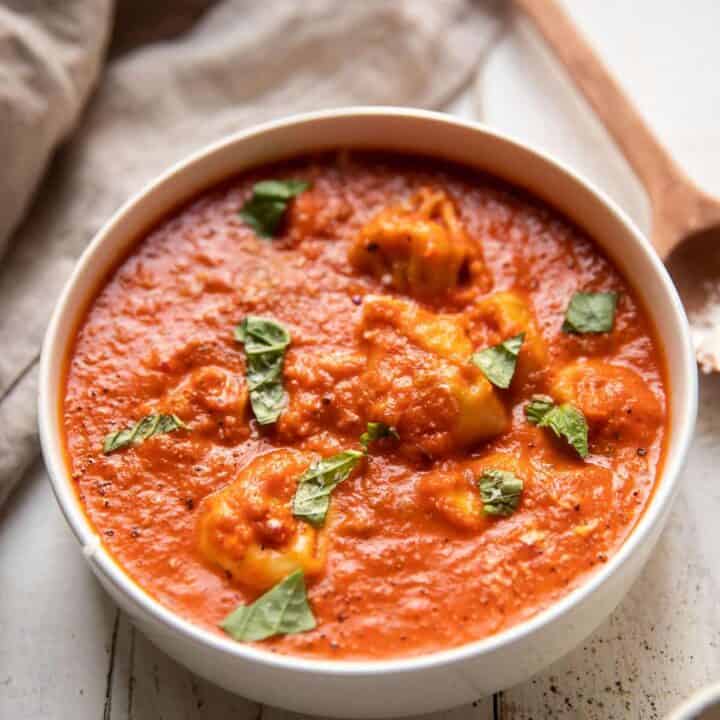 creamy tomato red pepper soup with tortellinis and fresh basil