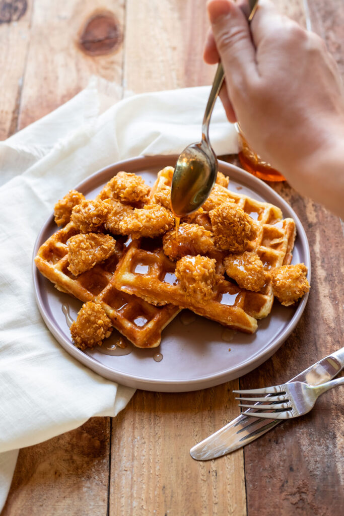 Crispy Baked Chicken And Waffles With Sriracha Honey Modern Crumb