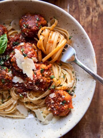linguine pasta with herb turkey meatballs and pasta sauce