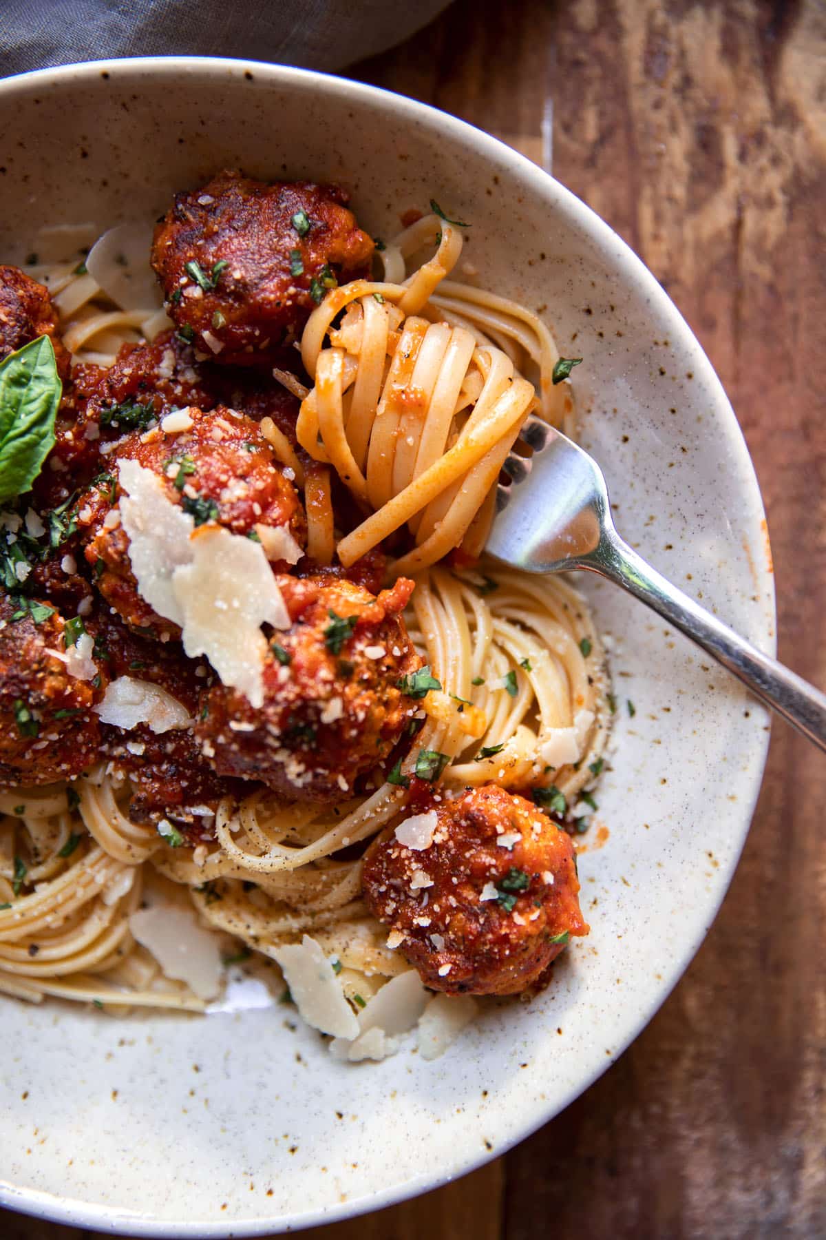 linguine pasta with herb turkey meatballs and pasta sauce