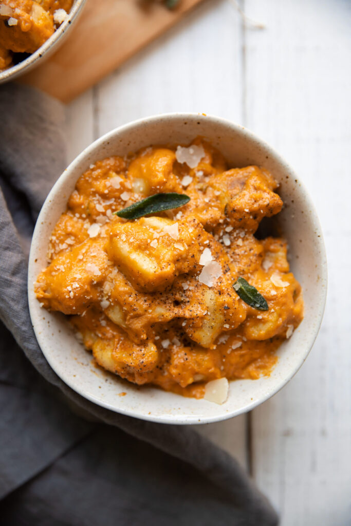 pumpkin sage brown butter gnocchi in a bowl