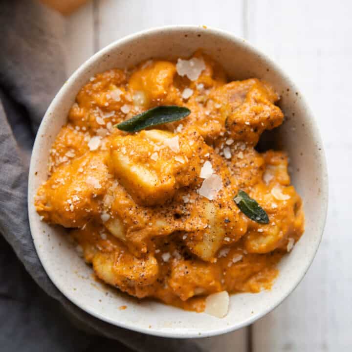 pumpkin sage brown butter gnocchi in a bowl