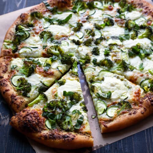 Green Vegetable Pesto Garden Party Vegetarian Pizza - Modern Crumb