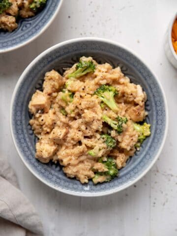 cheddar cheese risotto with chicken breast and broccoli