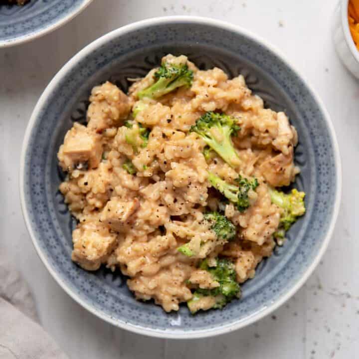 cheddar cheese risotto with chicken breast and broccoli