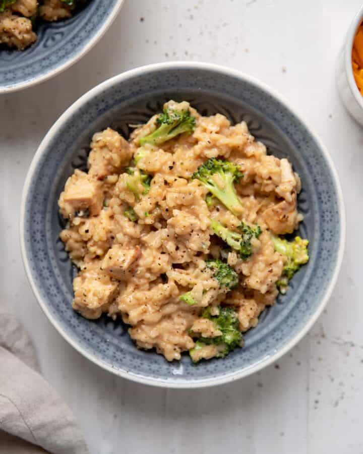 cheddar cheese risotto with chicken breast and broccoli