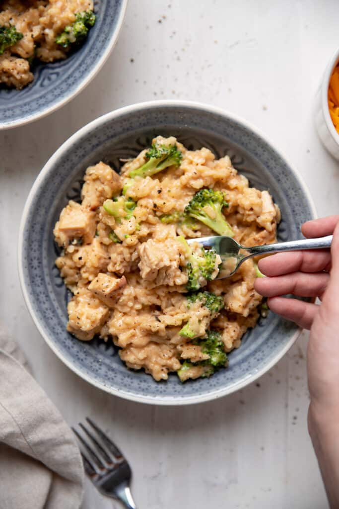 cheddar cheese risotto with chicken breast and broccoli