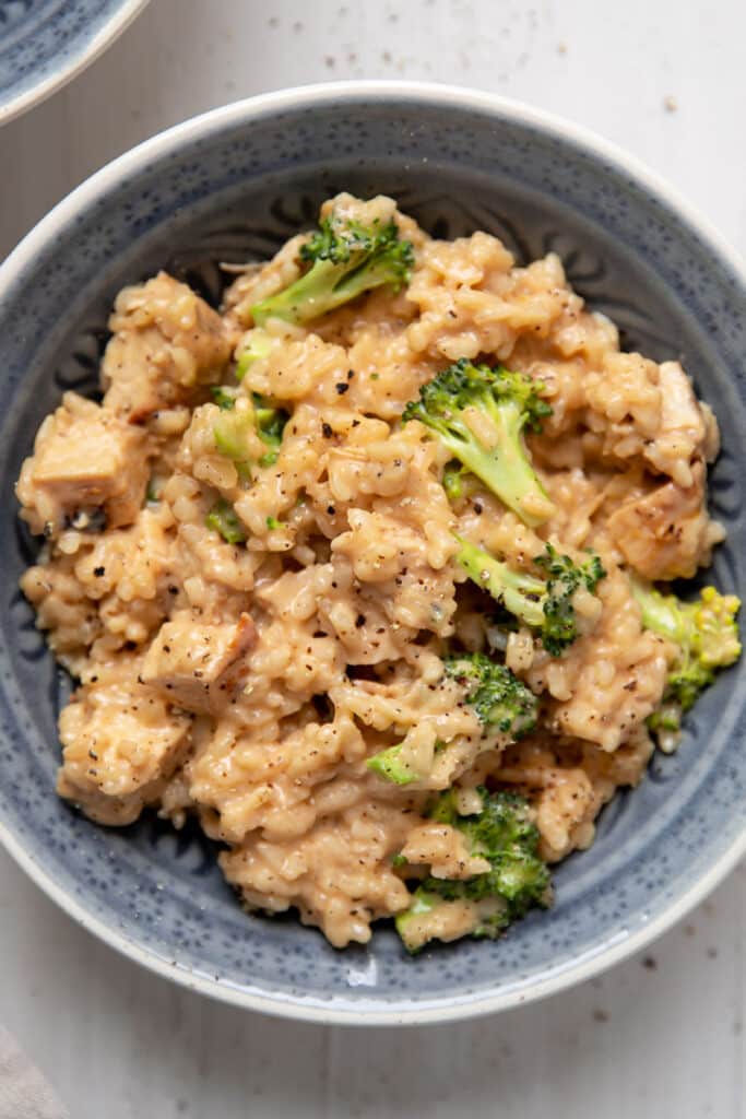 cheddar cheese risotto with chicken breast and broccoli