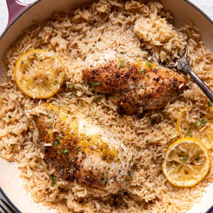 lemon chicken and rice in a pan.