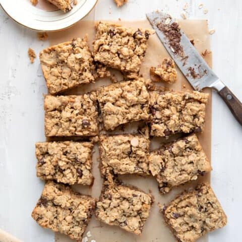 cut up peanut butter chocolate chip cookie bar squares