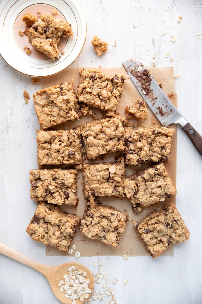 cut up peanut butter chocolate chip cookie bar squares