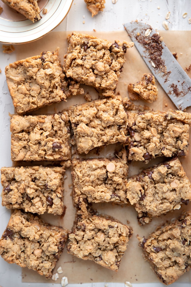 cut up peanut butter chocolate chip cookie bar squares