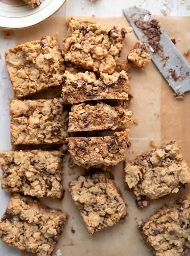 cut up peanut butter chocolate chip cookie bar squares