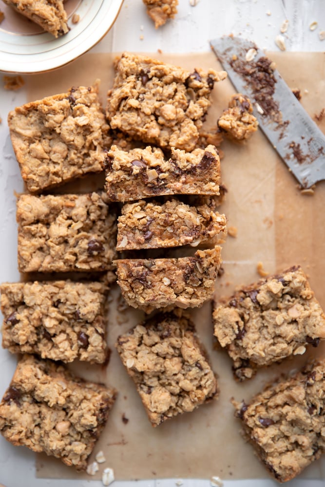 cut up peanut butter chocolate chip cookie bar squares