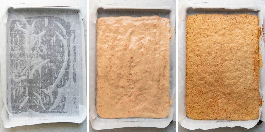 Carrot cake process steps from lining the baking sheet to after it is cooked.