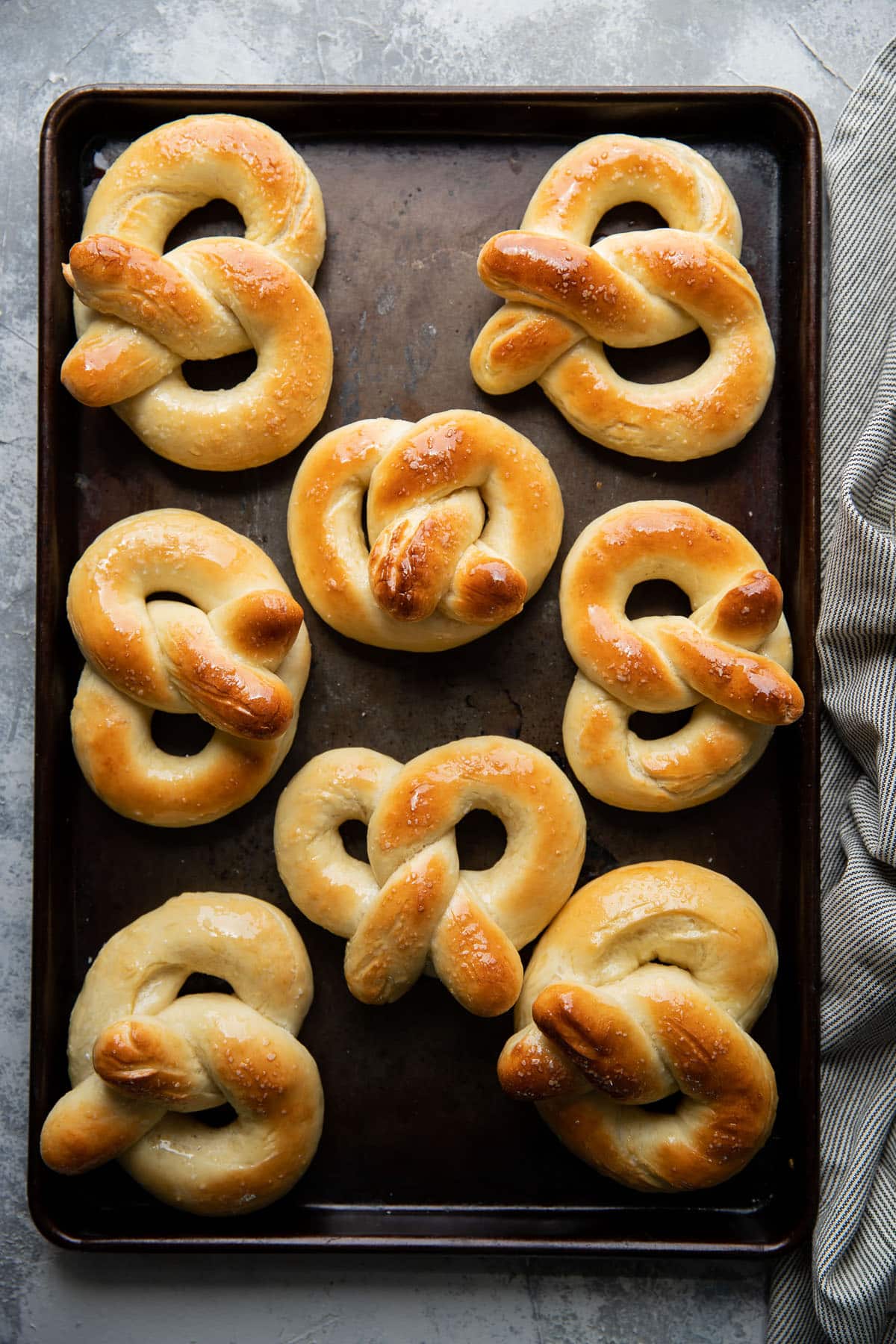 baking sheet of cooked soft pretzels without baking soda
