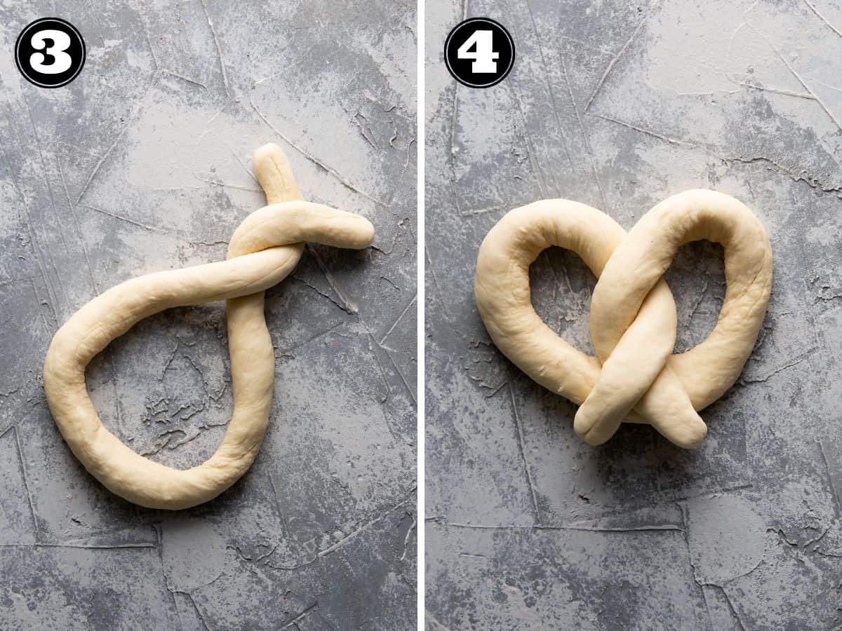 soft pretzels being twisted.