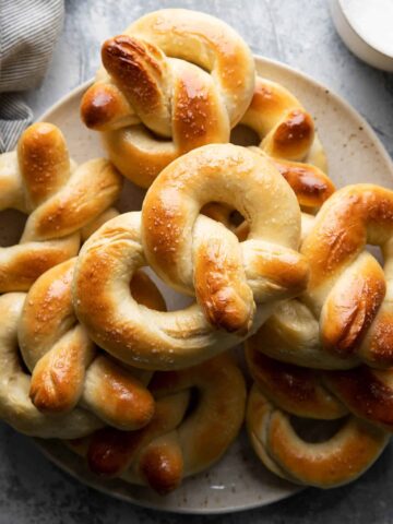 plate of soft pretzels made without a baking soda bath.