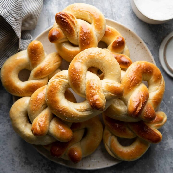 plate of soft pretzels made without a baking soda bath.