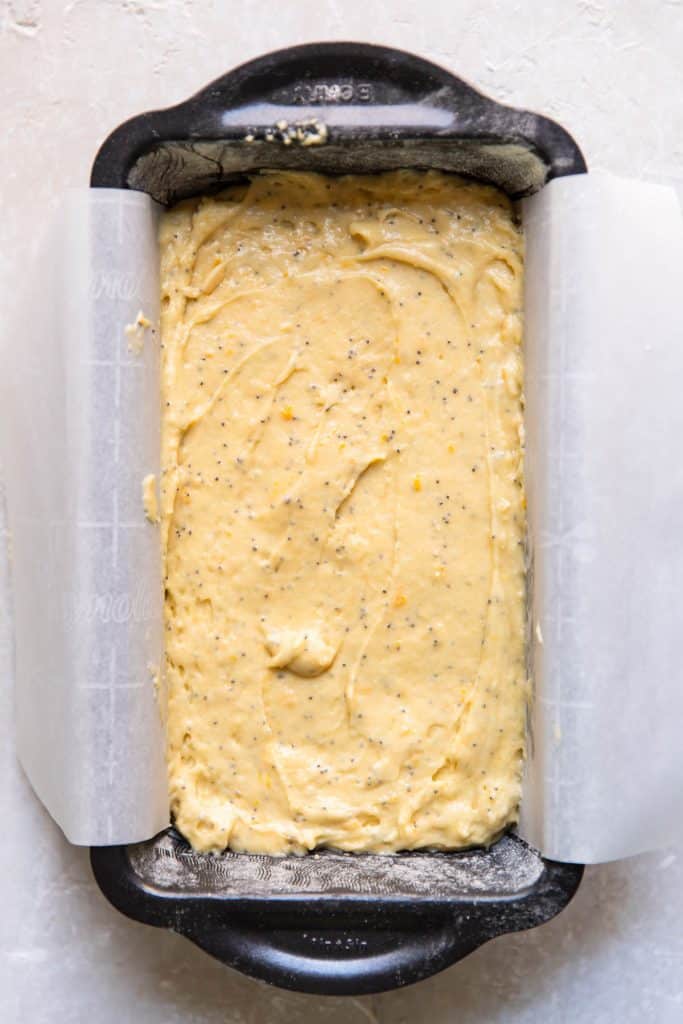 lemon pound cake batter in a baking pan